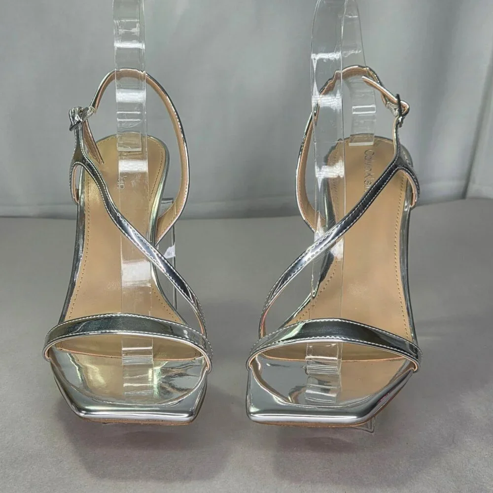 Calvin Klein Women's Tansley Strappy Heeled Sandal - Silver Mirror Metallic